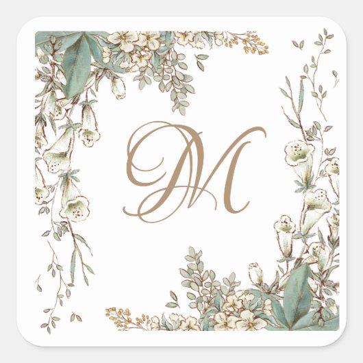 Greenery Floral Garland Script Monogram Elegant Vierkante Sticker (Voorkant)