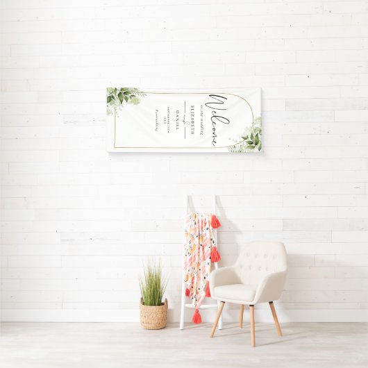 Greenery Floral Gold Arch Wedding Welcome Spandoek (Insitu)