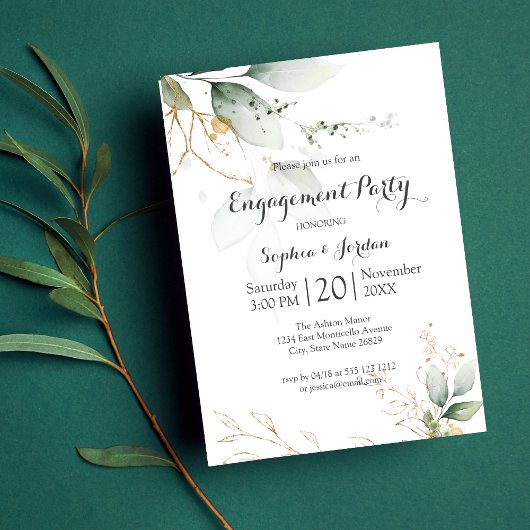 Greenery Floral Gold Foil Leaves Engagement Kaart