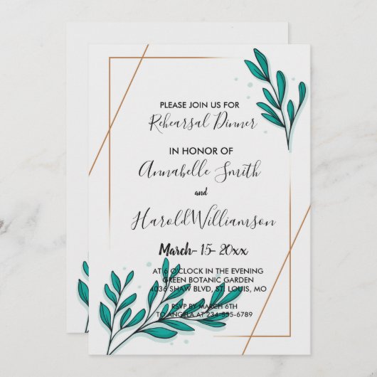 Greenery Floral Gold Foil Leaves Rehearsal Dinner Kaart (Voorkant / Achterkant)