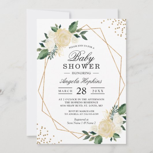 Greenery Floral Gold Geometric Baby shower Kaart (Voorkant)