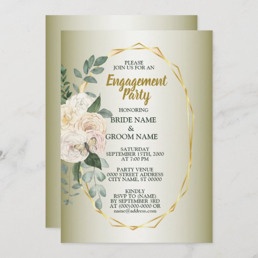 Greenery Floral Gold Geometric Engagement Party Kaart (Voorkant / Achterkant)