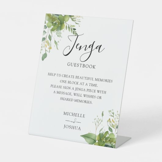 Greenery Floral Jenga Wedding Guestbook Reclamebord Met Voetstuk (Voorkant)
