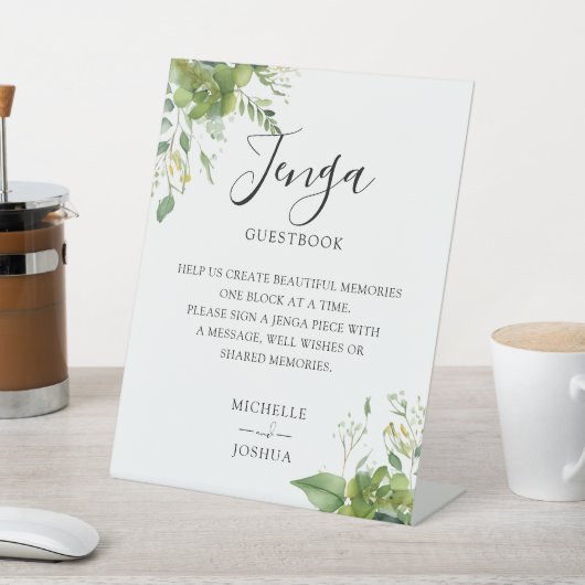 Greenery Floral Jenga Wedding Guestbook Reclamebord Met Voetstuk (Insitu)