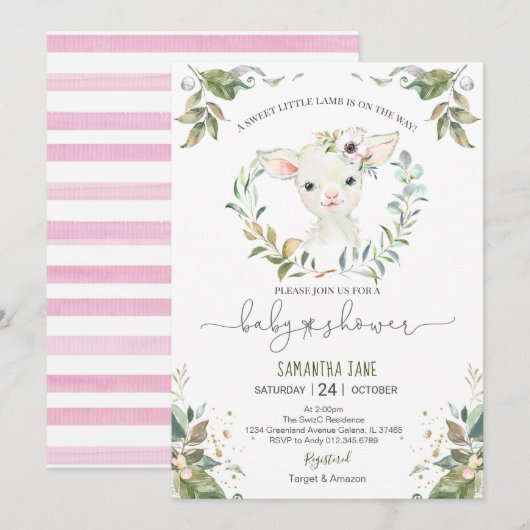 Greenery Floral Lamb Baby shower Uitnodiging (Voorkant / Achterkant)