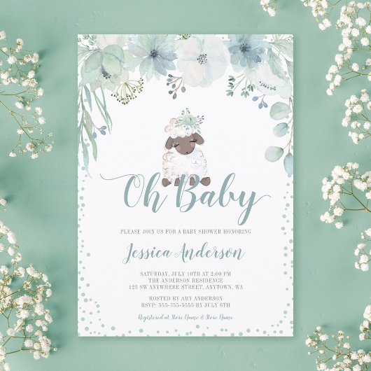 Greenery Floral Lamb Genderneutraal Baby shower Kaart