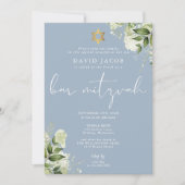 Greenery Floral Monogram Blue Bar Mitzvah Kaart (Voorkant)