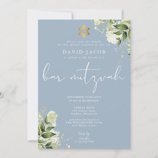 Greenery Floral Monogram Blue Bar Mitzvah Kaart (Voorkant)