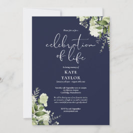 Greenery Floral Navy Blue Celebration of Life Kaart
