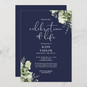 Greenery Floral Navy Blue Celebration of Life Kaart (Voorkant / Achterkant)