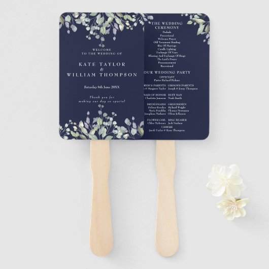 Greenery Floral Navy Blue Wedding Program Handwaaier (Voorkant en achterkant)