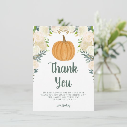 Greenery Floral Pumpkin Herfst Baby shower Flat Bedankkaart (Staand voorkant)
