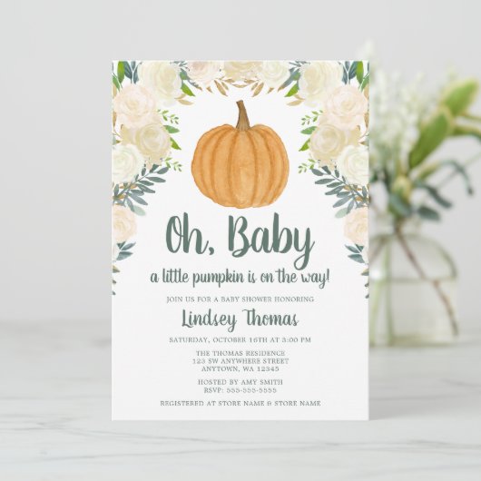 Greenery Floral Pumpkin Herfst Baby shower Kaart (Staand voorkant)