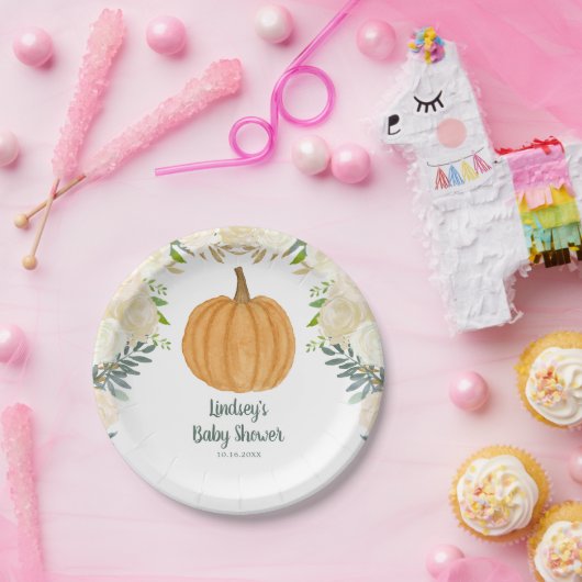 Greenery Floral Pumpkin Herfst Baby shower Papieren Bordje (Feest)