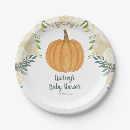 Greenery Floral Pumpkin Herfst Baby shower Papieren Bordje (Voorkant)