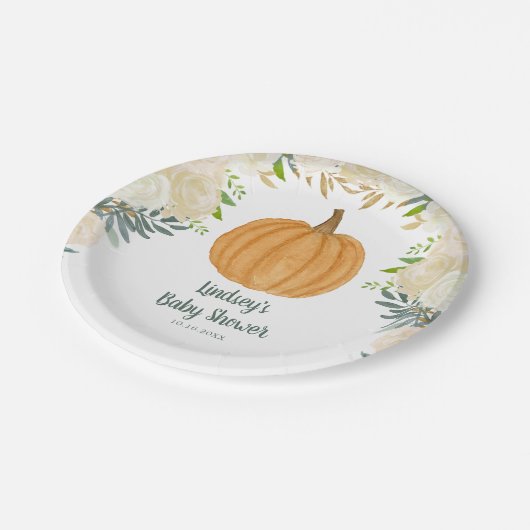 Greenery Floral Pumpkin Herfst Baby shower Papieren Bordje (Gekanteld)