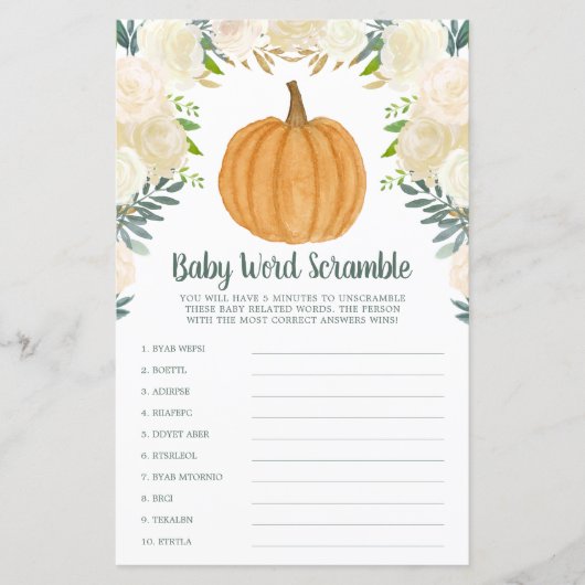 Greenery Floral Pumpkin Herfst Word Scramble Game (Voorkant)