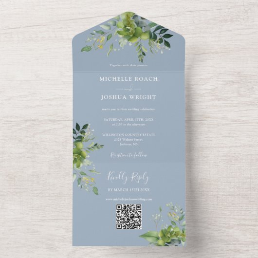 Greenery Floral QR Code Modern Dusty Blue Wedding All In One Uitnodiging (Binnen)