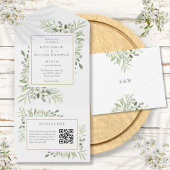 Greenery Floral QR Code Monogram Weddenschap All In One Uitnodiging
