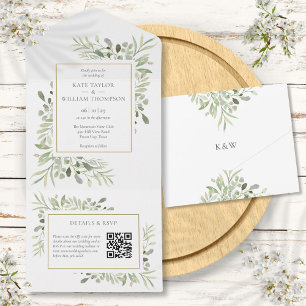 Greenery Floral QR Code Monogram Weddenschap All In One Uitnodiging
