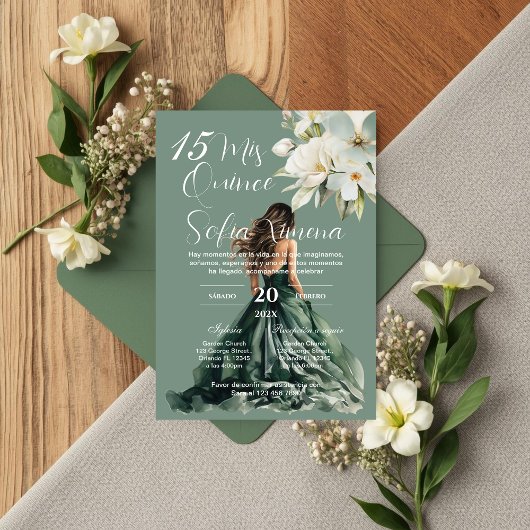 Greenery Floral Quinceañera Spanish Invitation Kaart