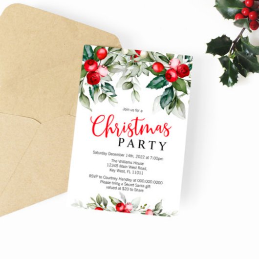 Greenery Floral & Red Kerstparty Kaart