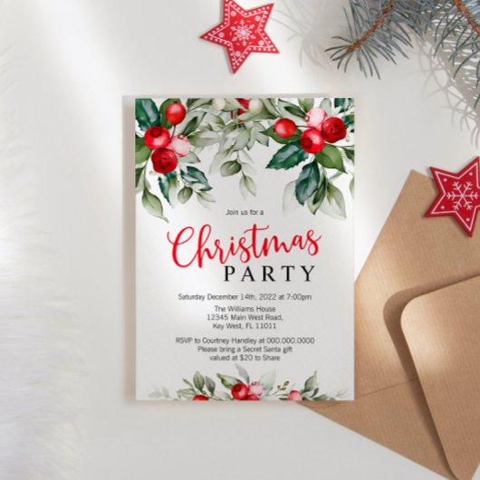 Greenery Floral & Red Kerstparty Kaart