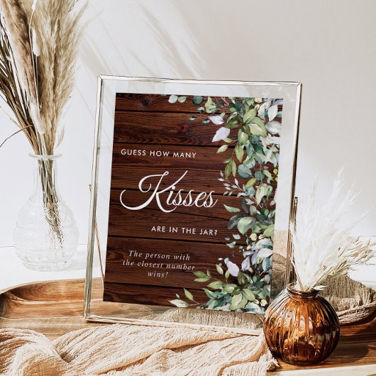 Greenery Floral Rustic Wood Hoeveel Kisses onderte Poster