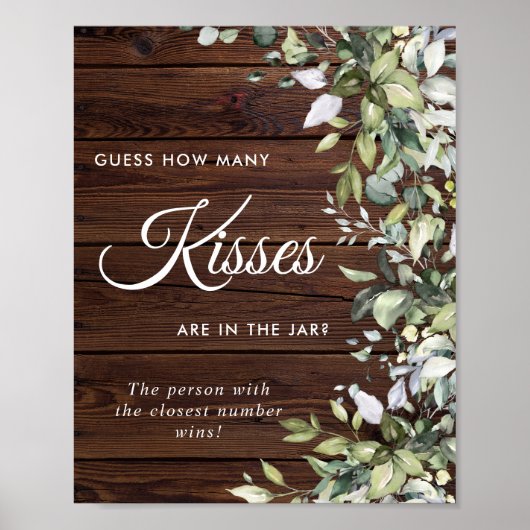 Greenery Floral Rustic Wood Hoeveel Kisses onderte Poster (Voorkant)