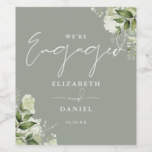 Greenery Floral Sage Green Engagement Party Wijn Etiket (Enkel label)
