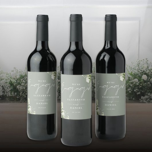 Greenery Floral Sage Green Engagement Party Wijn Etiket