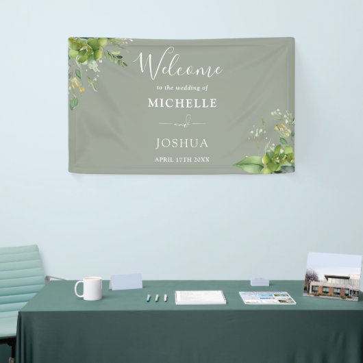 Greenery Floral Sage Green Wedding Welkom Spandoek (Beurs)