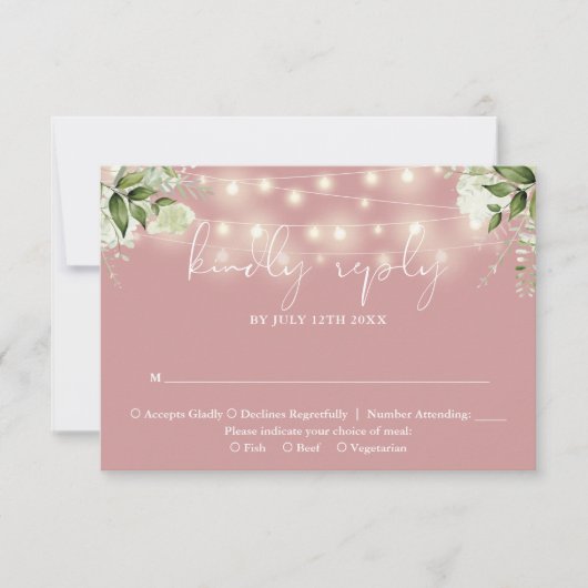Greenery Floral String Lights Dusty Roos Wedding RSVP Kaartje (Voorkant)