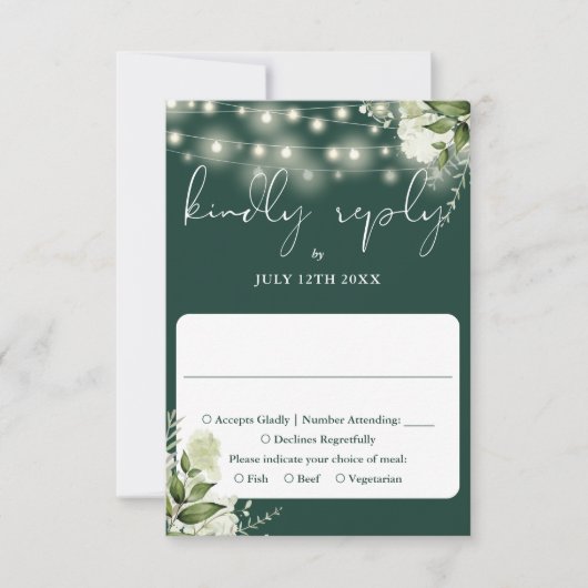 Greenery Floral String Lights Emerald Wedding RSVP Kaartje (Voorkant)