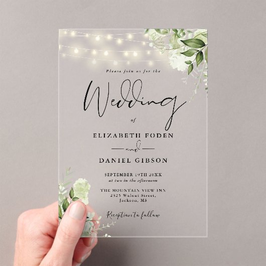 Greenery Floral String Lights Script Wedding Acryl Uitnodigingen (Insitu (Draagbaar))
