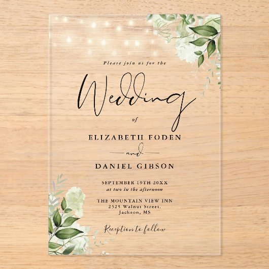 Greenery Floral String Lights Script Wedding Acryl Uitnodigingen (Voorkant)