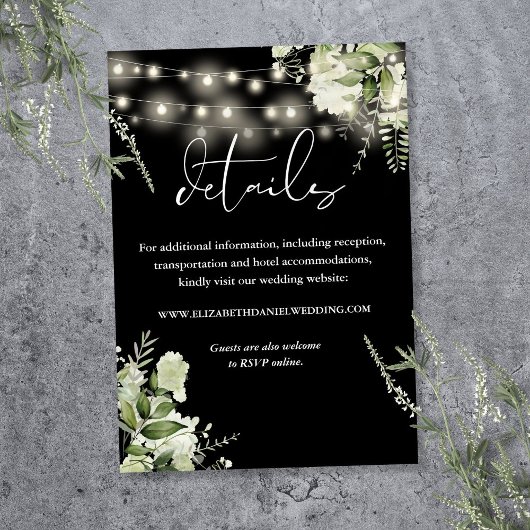 Greenery Floral String Lights Wedding Details Informatiekaartje