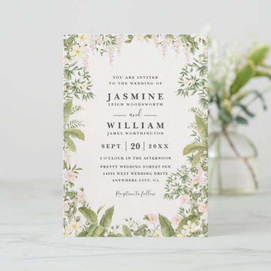 Greenery Floral Tropical Elegant QR Code Wedding Kaart (Staand voorkant)