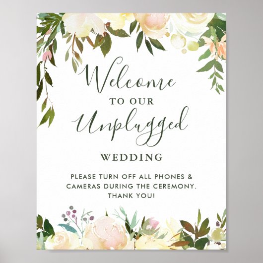 Greenery Floral Unplugged Wedding Ceremony Sign Poster (Voorkant)
