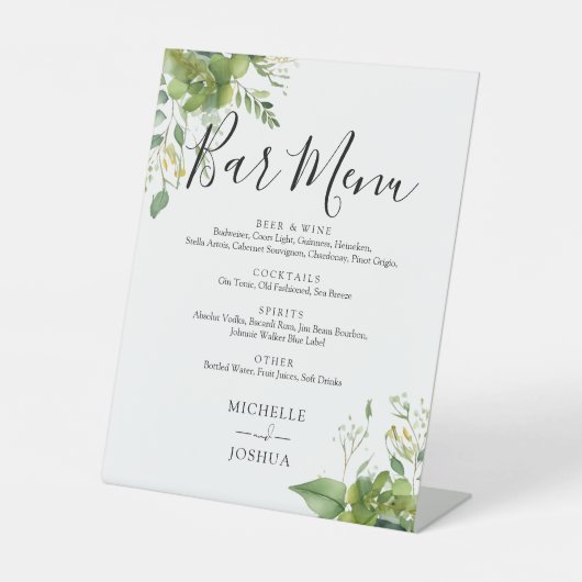 Greenery Floral Wedding Bar Menu Reclamebord Met Voetstuk (Voorkant)