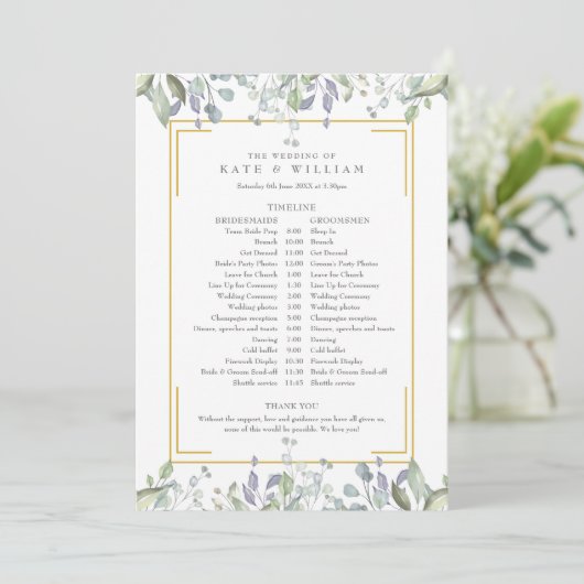 Greenery Floral Wedding Schedule Programmakaart (Staand voorkant)