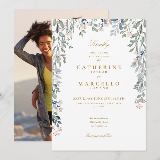 Greenery Floral Wildflower Foto Weddenschap Kaart (Voorkant / Achterkant)