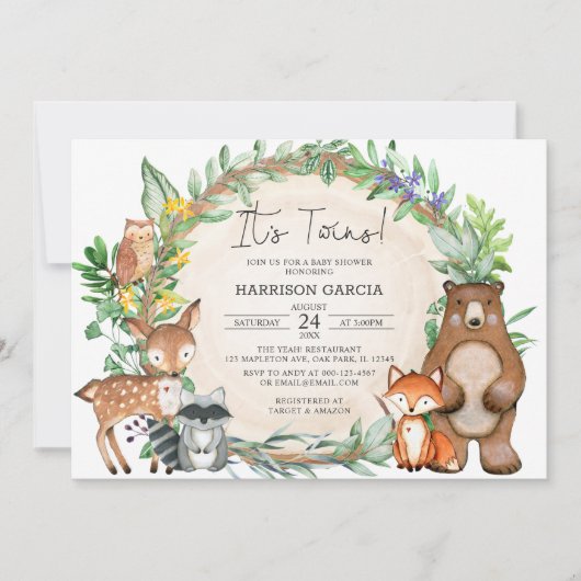 Greenery Floral Woodland Animals Twins Baby shower Kaart (Voorkant)