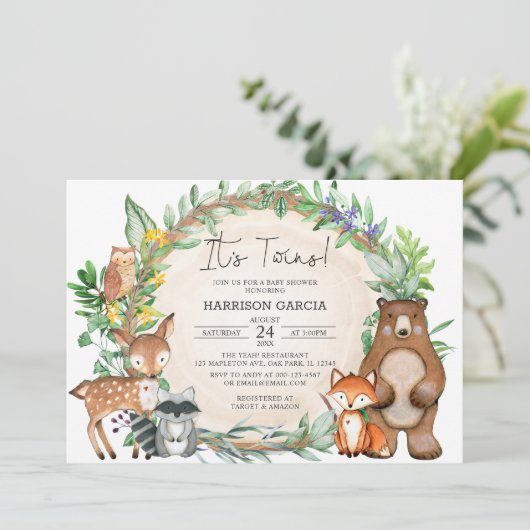 Greenery Floral Woodland Animals Twins Baby shower Kaart (Staand voorkant)