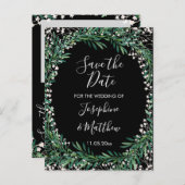 Greenery & Florets Waterverf Zwart Save the Date Aankondigingskaart (Voorkant / Achterkant)