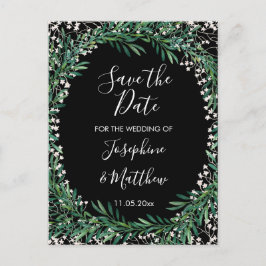 Greenery & Florets Waterverf Zwart Save the Date Aankondigingskaart