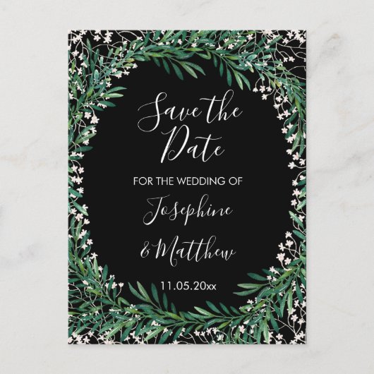 Greenery & Florets Waterverf Zwart Save the Date Aankondigingskaart (Voorkant)