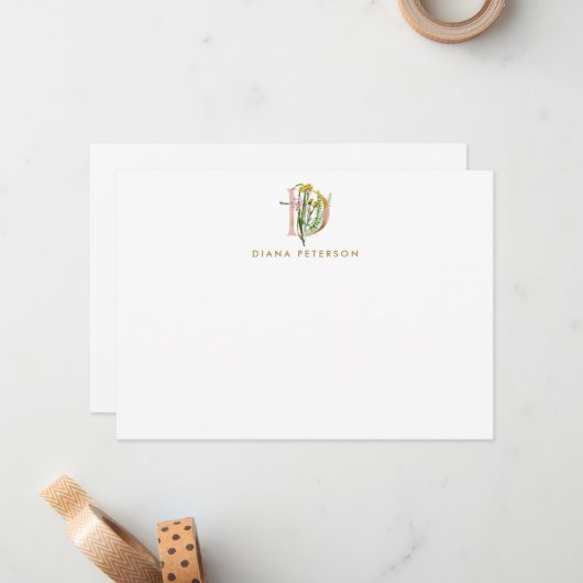 Greenery & Flowers Monogram Letter D Persoonlijk Notitiekaartje (Voorkant / Achterkant in situ)