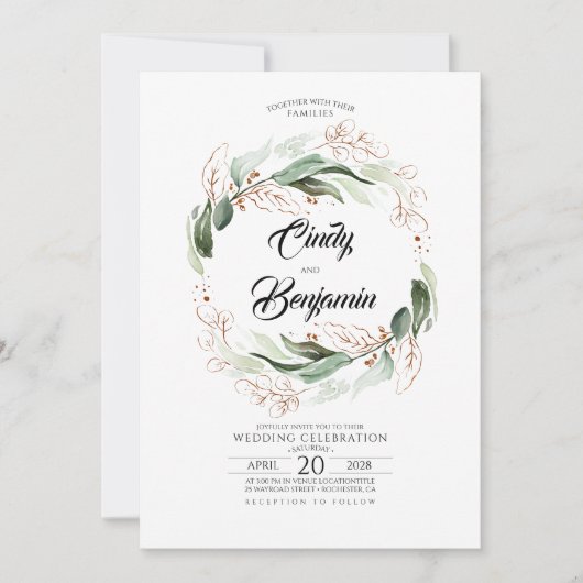 Greenery Foliage and Copper Leaves Elegant Wedding Kaart (Voorkant)