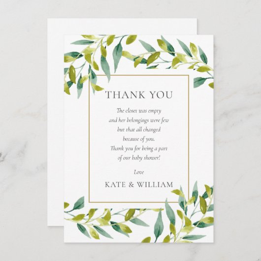Greenery Foliage Baby shower Poem Dank je wel Bedankkaart (Voorkant / Achterkant)